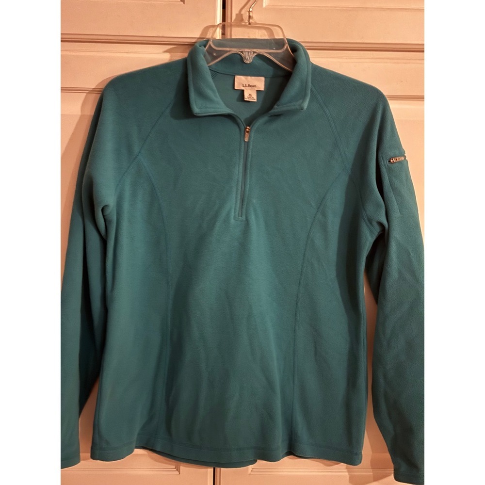 LL Bean Womens Teal Blue Quarter Zip Fleece Pullover Jacket Medium Pocket